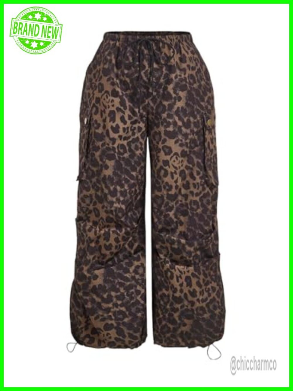 Plus Size Leopard Print High Waisted Cargo Pants Wide Leg Drawstring